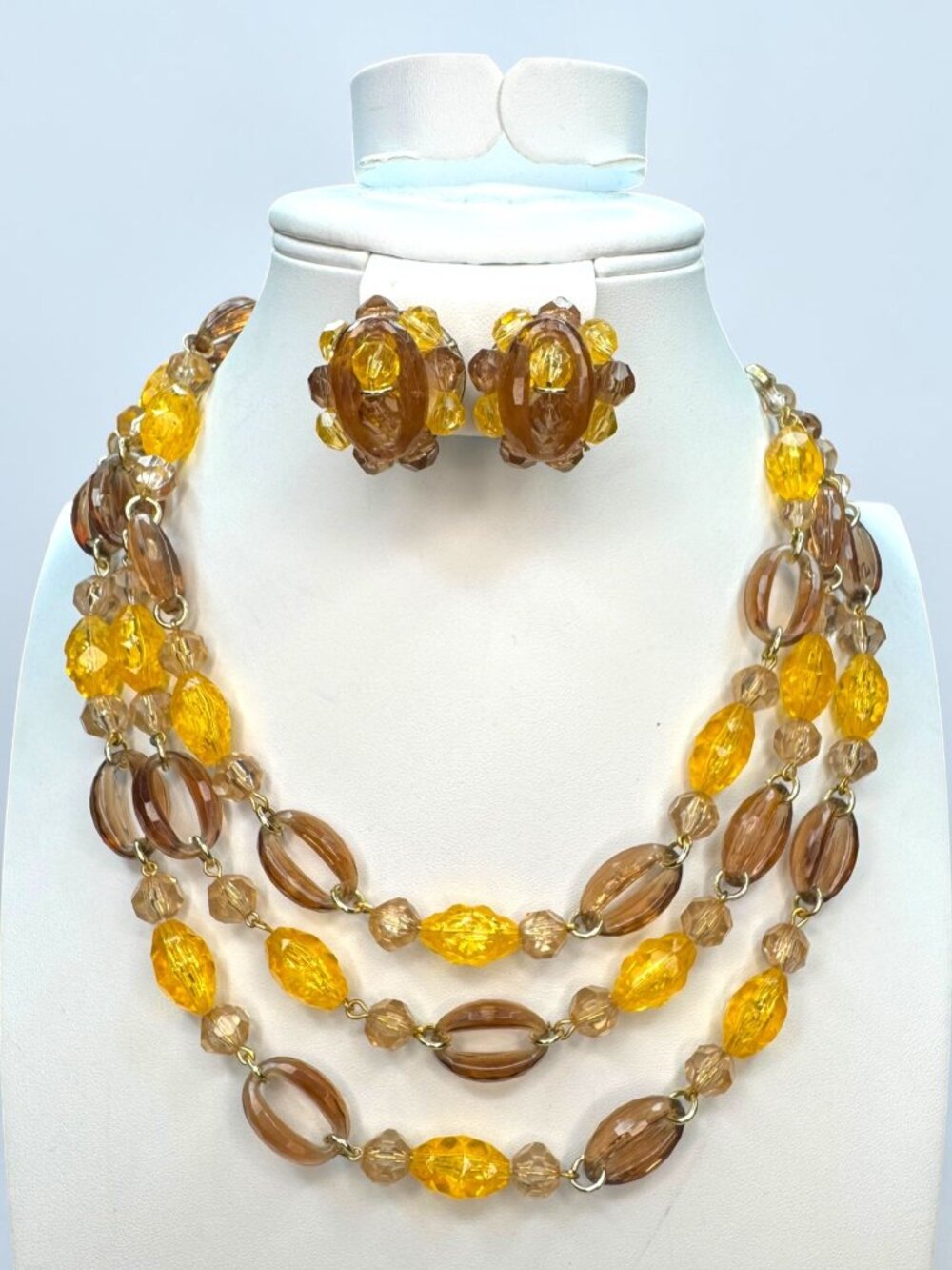 West Germany Amber Yellow Acrylic Beaded Necklace Earrings Set 1960s Vintage